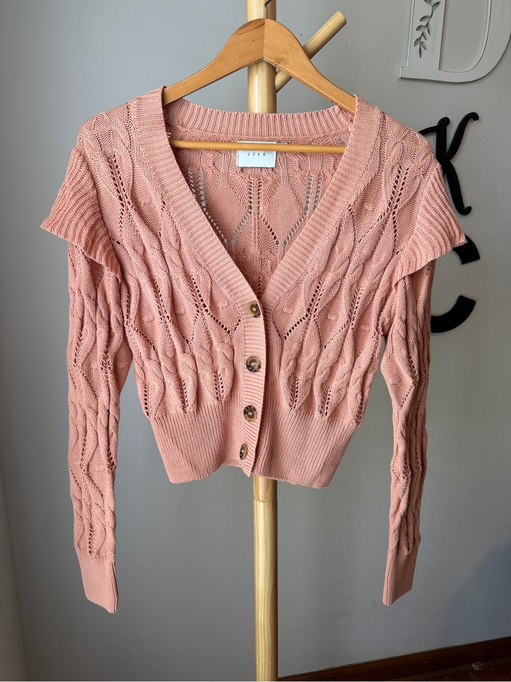 Lush Ruffled Cardigan Size Small Dusty Rose 100% Cotton Granny Coquette